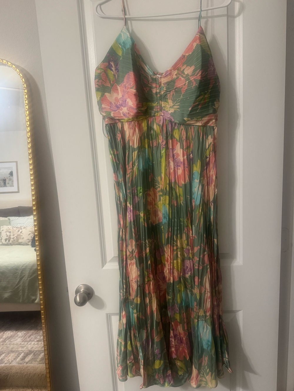 ASTR Floral Pleated Maxi Dress in Green, Pink and Purple